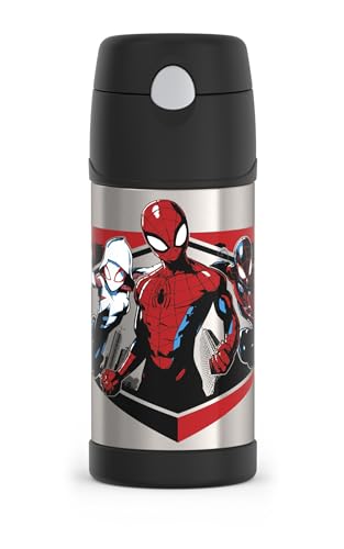 THERMOS FUNTAINER Water Bottle with Straw - 12 Ounce - Kids Stainless Steel Vacuum Insulated Water Bottle with Lid, Spiderman