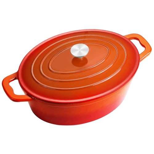 NSIRONS Gusseisen Bräter mit Deckel, Oval Gusseisen Topf 6.6L, Emaille Topf Groß Backofengeeignet, Schmortopf mit Deckel für alle Herdarten Induktion (Orange)