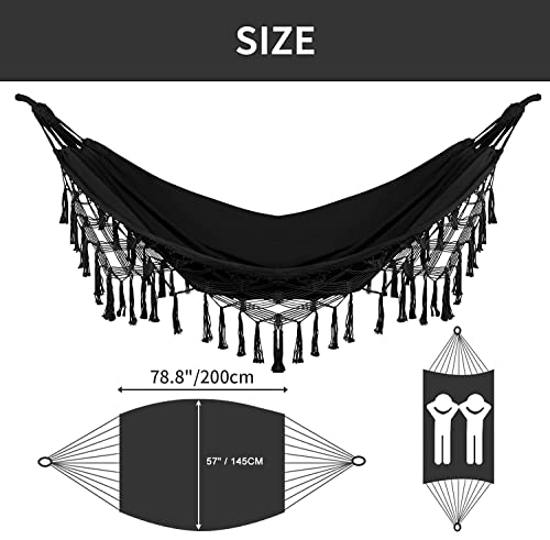 Bellzacasa Double Hammock, Heavy Duty 500 Lb Load Capacity Tassels And Fishtail Knitting With Mounting Straps For Outdoor Camping Patio Balcony Black #TOP1