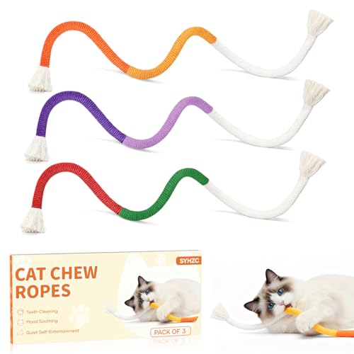 SYHZC Cat Chew Rope & Kitten Teething Toys 3 Pack (27 Inch) | Safe Cotton Cat Chew Toy [No Small Parts] | Redirects Biting from Wires | Quiet Cat Teething Toy for Dental Health