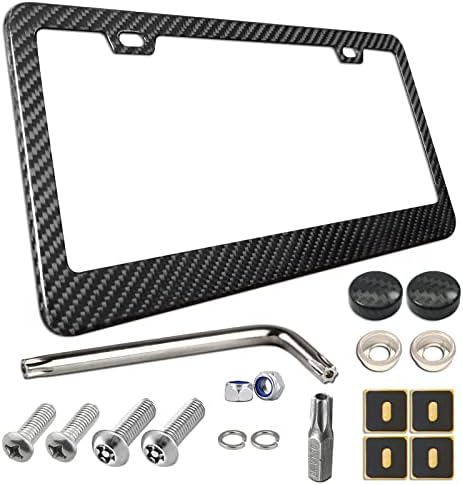 BGGTMO Carbon Fiber License Plate Frame - 100% Real Carbon Fiber Overlays Aluminum License Plate Frames | Stainless Steel Anti-Theft License Plate Screws | CF Screw Caps | 1PC Black Gloss Plate Frame
