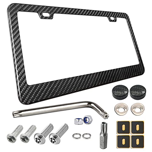 Image of BGGTMO Carbon Fiber License Plate Frame - 100% Real Carbon Fiber Overlays Stainless Steel License Plate Frames | Stainless Steel Anti-Theft License Plate Screws | 1PC Black Gloss Plate Frame