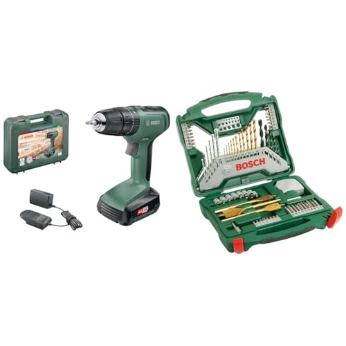 Bosch Home and Garden Cordless Combi Drill UniversalImpact 18 (1 Battery, 18 Volt System, in Carrying case) + 70-Pieces X-Line Titanium Drill and Screwdriver Bit Set (for Wood, Masonry and Metal)