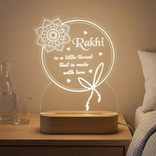 Image of Rakhi Quote LED Table Lamp - Multicolor Acrylic Night Light with Raksha Bandhan Design - Festival Gift for Brother & Sister
