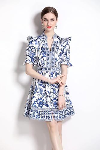 LAI MENG FIVE CATS Women's Button Up Short Puff Sleeve V-Neck Floral Print Split Casual Mini Dress3