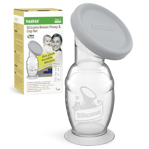 haakaa 100 ML Handmilchpumpe mit Silikondeckel und Saugfuß, Transparent Manuelle Brustpumpe, Silikon Milchpumpe & Muttermilchauffänger, Gesund und Harmlos