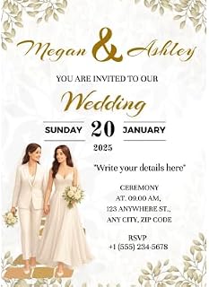LGBTQ+ Wedding Invitation Cards – Elegant Lesbian Couple Design | 20 Invitations with Envelopes | Bilingual Customizable Text in Spanish & English | Perfect for Same-Sex Weddings & Civil Ceremonies
