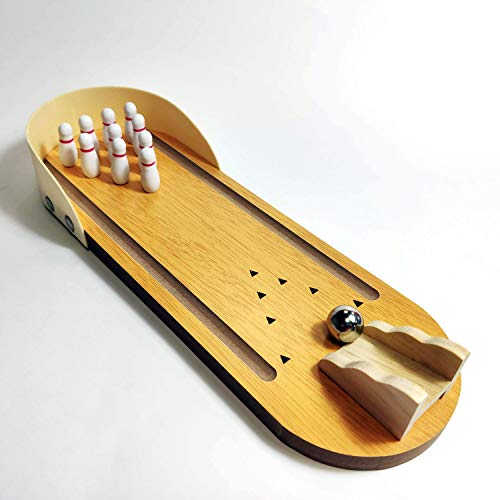 Framan Mini Juego de Bolos de Madera con Canales Laterales. Bolos de Escritorio. Incluye 9 Bolos, Pista y Bola de Metal.