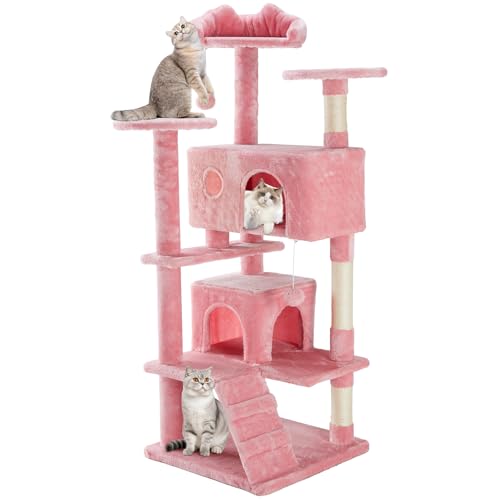 NEWBULIG 54 Inch Cat Tree Tower, Multi-Level Pets House & Tall Condo, Cats Furniture with Scratching Post & Play Accessories for Indoor Kittens & All Ages Pets, Pink