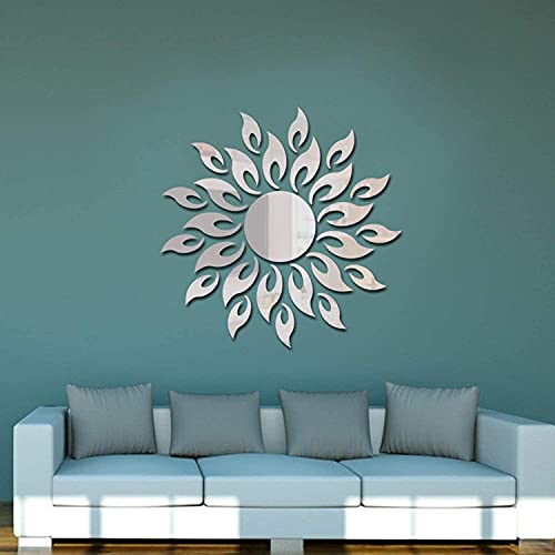 LZYMSZ 3D Acrylic Mirror Wall Stickers, Sunflower Self-Adhesive Wall Decals, DIY Home Decorations for Living Room Bedroom Bathroom Farmhouse TV Background (Silver)