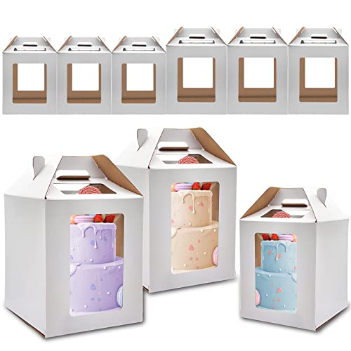 KBG Tall Cake Boxes 6pcs 14x14x16 and 16x16x18 Inches White With Window for Tier Cakes, Wedding, Birthday Transport - Large With Handle, Disposable Containers