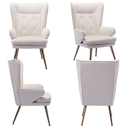 Zhenghao Mid Century Accent Chair, Upholstered Tufted High Back Lounge Chair With Arms Modern Accent Side Chair Velvet Armchair With Gold Legs For Living Room/Bedroom/Vanity, Cream #TOP5