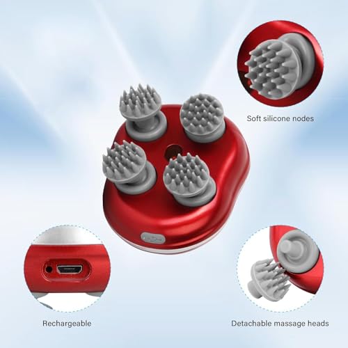 Image of Electric Scalp Massager, Scalp Massager - 96 Silicone Kneading Points with Detachable Heads | Multi-Use Scalp, Body & Head Massager for Hair Growth | Ergonomic Green Design fo (Red)