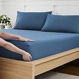 King Size Fitted Sheet Only with Full Elastic & Built in Corner Sheet Straps to Prevent Shifting - Soft & Breathable Brushed Microfiber Bottom Sheet, King, Denim Blue
