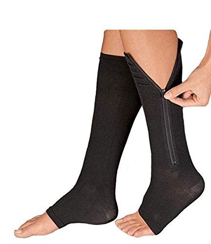 (2 Pairs) Compression Socks, New Compression Zip Sox Socks Stretchy Zipper Leg Support Unisex Open Toe Knee Stockings (Black, L/XL)
