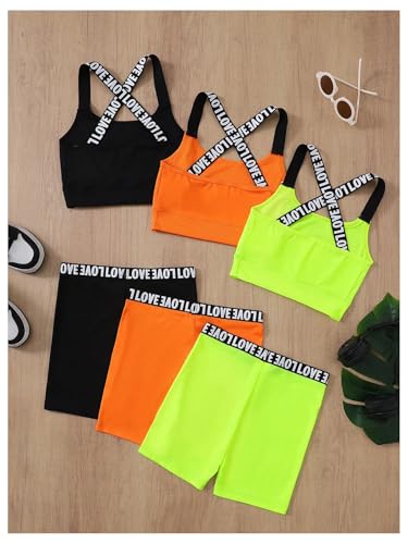 Milumia Girl's 3 Sets Letter Print Crisscross Tank Top and Biker Shorts Activewear Set2