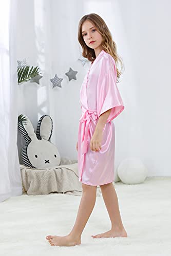 Alhavone Girl's Kid's Silky Satin Solid Color Short Kimono Robe For Wedding Birthday Party Spa (Pink, 8) #TOP2