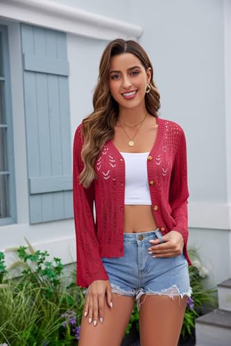 Cropped Cardigan Sweaters for Women Flared Long Sleeve Crochet Knit Shrug Open Front V-Neck Button up Tops