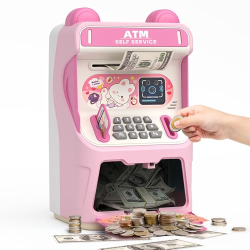 Rabbit ATM Piggy Bank for Girls with Automatic Bill Roller, Electronic Coin Bank with Simulated Card Slot & Facial Recognition, ATM Money Saving Box with Music Function for Kids(Pink)