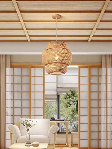 DANGGEOI Hand-Woven Bamboo Pendant Light, Rattan Handwoven Pendant Lamp, Natural Chandeliers Domed Shape Woven Light 1 Light Hanging Light for Kitchen Farmhouse Beige (14.96 x 15.71inch) - Image 4