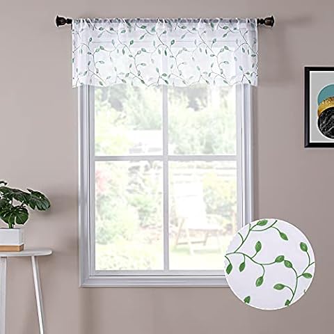 Tollpiz Leaves Sheer Valance Curtains Green Leaf Embroidery Bedroom Curtain Rod Pocket Voile Curtains for Living Room, 54 x 16 inches Long, Set of 1 Panel Cover