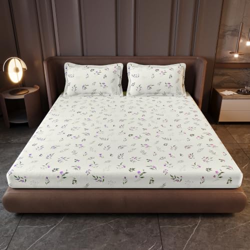 Image of Divine Casa Cotton King Size Bedsheet | 210 TC Soft Breathable Pigment Twill Satin Bed Sheet with 2 Pillow Covers | Luxury Bedding Set | 275 x 275 cm (Creme Purple, Floral)