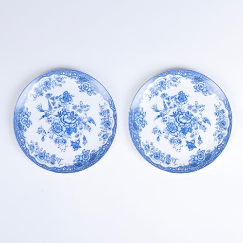 Image of GOLDEN QUEEN'S Handcrafted Dinner Plates: Set of 2 | Perfect for Hosting and Daily Meals | Microwave Safe Plates | 11 inch | Serves 2 - Vintage Blue Birds with Floral Border