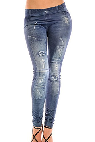 Jumojufol Jeans Cintura Bajo De Mujer Look Elastico Fulline Leotardos Estampado Vaquero Fingir Rasgado Hoyos Parches Tobillo Leotardos Pantalones Blue One Size