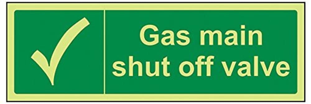 V Safety Glow In The Dark Gas Main Shut Off Valve Sign - 300mm x 100mm - Rigid Plastic