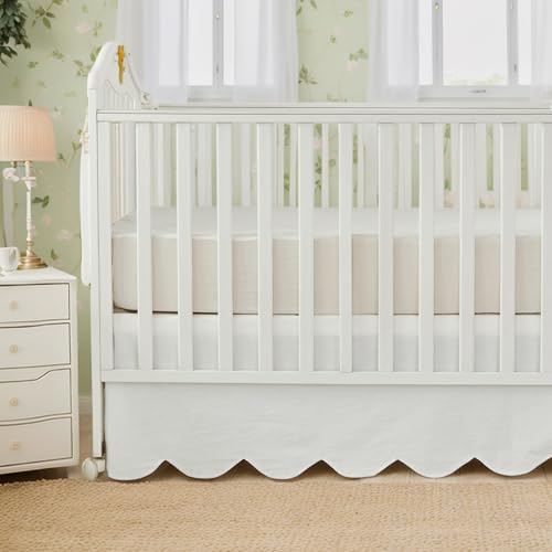 Image of Brandream Scallop Edge Organic Cotton Crib Skirt, Baby Boy, Baby Girl, Gender Neutral Crib Skirt Toddler Bedskirt Farmhouse Chic Nursery Crib Bed Skirt, Boho Bohemian Solid Cream White Skirt