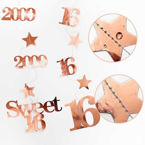 Image of 12PCS Rose Gold 16th Birthday Decorations Number 16 and 2009 Star Garland Streamer Banner Backdrop for Girls Boys Cheers to 16 Years Birthday Vintage Made in 2009 Sweet Sixteen Party Decor Supplies