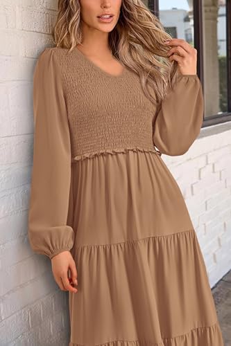 Image of PRETTYGARDEN Fall Dresses for Women 2025 Casual Long Sleeve V Neck Smocked A Line Long Flowy Wedding Guest Dress