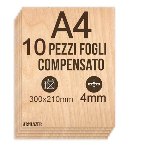 ARMLAZER Contrachapado A4 300 x 210 х 4 mm, 10 unidades, paneles de madera, pirografía, tabla modelo casa, bricolaje hecho a mano, contrachapado para la ceatividad, hojas de contrachapado para corte