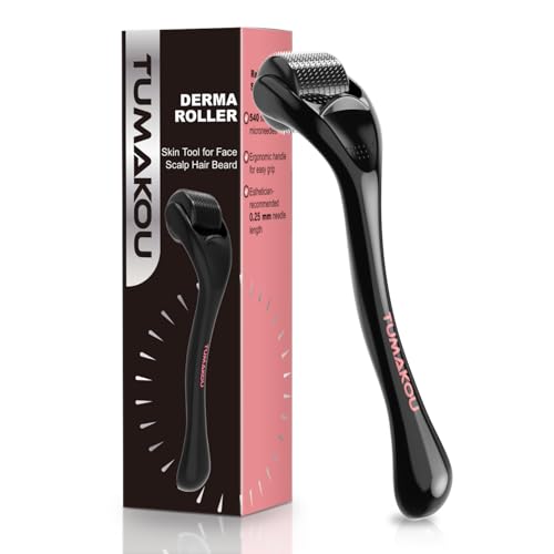 Derma Roller - TUMAKOU Microneedling Microneedle Roller for Face Scalp Hair - Beard Micro Needling Derma Roller at Home for Women and Men (Black)