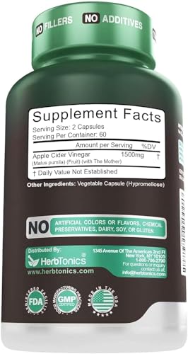 Image of Herbtonics Apple Cider Vinegar Capsules 1500mg with Mother - Triple Strength Formula for Weight Loss | Detox & Sugar Control | Metabolic Support & Digestion - USA Brand - 120 Vegan Capsules