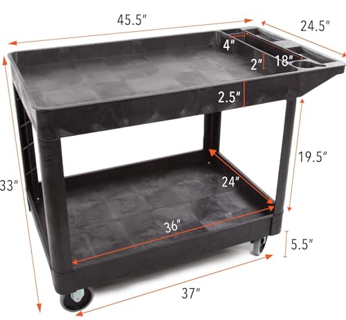 Tubstr Extra Large Two-Shelf Utility Cart with Wheels | 500 lb. Capacity Rolling Utility & Tool Cart for Warehouses, Industrial Settings, Auto Garages, & More (Black, 45.5 x 24.5)