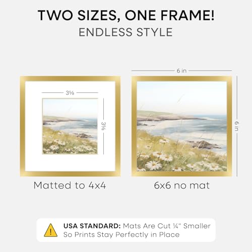 Image of Homeforia 6x6 Picture Frame Gold, High End Metal 6 x 6 Square Photo Frames with Mat 4 by 4, 6x6 Poster Frame Matted to 4x4 inches Print, 6by6 Wall or Tabletop Frame, Tempered Glass, Wall Kit, Set of 1