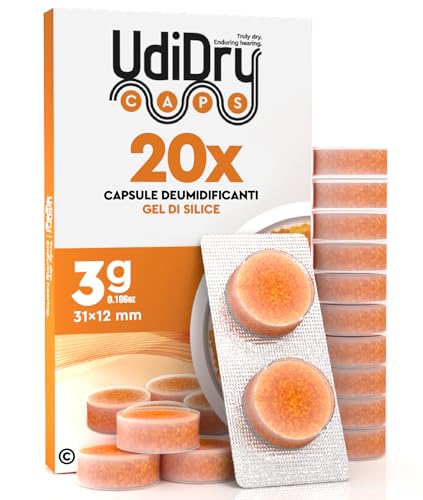 20 Capsule Deumidificanti per Apparecchi Acustici UdiDry Caps 31mm 3g con Indicatore di Colore - Capsule Essiccanti con Gel di Silice di Alta Qualità per Contenitori di Asciugatura