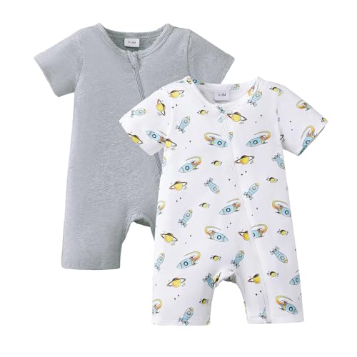 Image of KIMI BEAR Newborn Baby Boy Clothes Summer Infant Boy Outfits Dinosaur Short Sleeve Zipper Rompers Jumpsuits Bodysuit 2 Pack