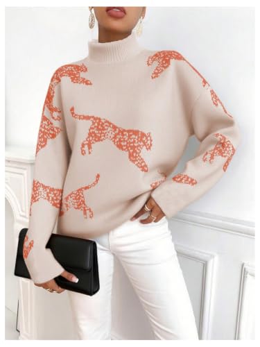 Image of WDIRARA Women's Leopard Tiger Print Sweater High Neck Long Sleeve Fuzzy Knitted Pullover Top
