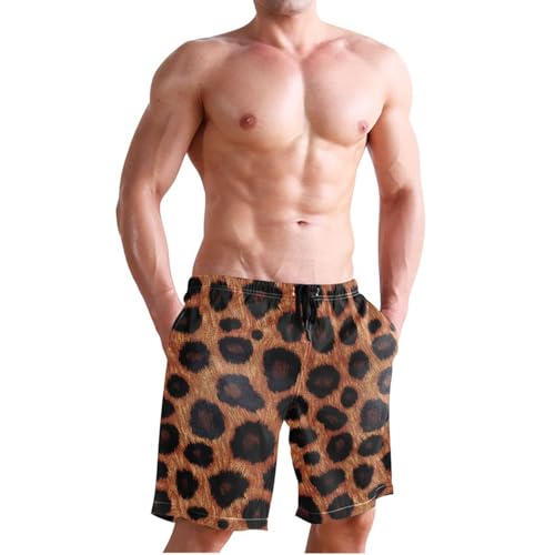 Men Swim Trunks-Brown Leopard Skin, Beach Shorts with Inner Lining Quick Dry Board Shorts S3