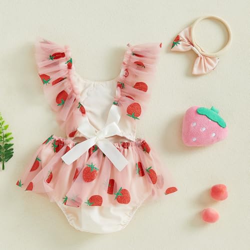 Baby Girl Strawberry Romper Dress Ruffle Sleeve Tulle Tutu Romper Bodysuit Newborn Birthday Cake Smash Outfit4