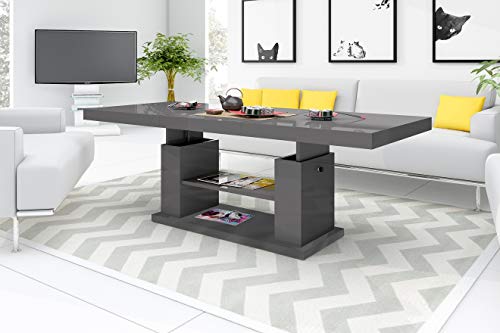 HU Design Couchtisch Tisch HN-777 Grau/Anthrazit Hochglanz höhenverstellbar ausziehbar Esstisch