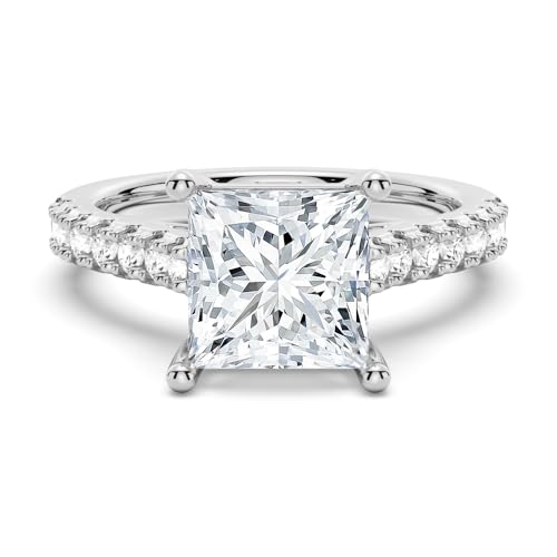 MSBLUE 2ct Princess Cut Solitaire Pavé Moissanite Engagement Ring, 14K White Gold Vermeil, Rhodium Finish