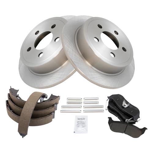 TRQ Rear Brake Pad & Rotor Kit Brake Pads Brake Rotor Parking Brake Shoe Set Semi-Metallic Compatible with 2003-2007 Jeep Liberty 2003-2006 Wrangler