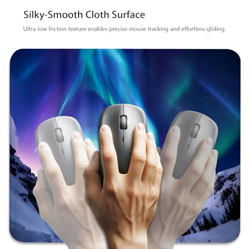 Northern Lights Scenery 滑り止めゲーム&オフィスマウスパッド ステッチエッジ 9.5 x 7.9インチ、雪に覆われた山々の上のオーロラ 丈夫で滑らかな表面デスクマット