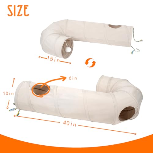 Image of Cat Tunnel, 2-Way Collapsible Cat Tube with Interactive Peek-A-Boo Hole, Toy Ball, and Rope Ideal for Indoor Cats, Kittens, and Rabbits, Beige