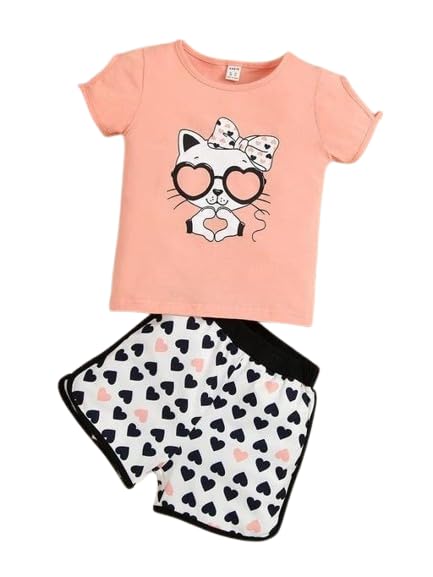 Kid Girls Cotton Blend Cat Printed Top & Bottom Slothing Set