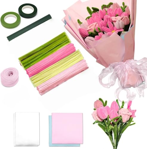 Pfeifenreiniger Set 300 Stück 4 Farben Pfeifenreiniger Set zur Herstellung von Verschiedenfarbigen Pfeifenreiniger Sträußen Blumenpapier Bändern Dochten Stäben kreativen Blumen DIY