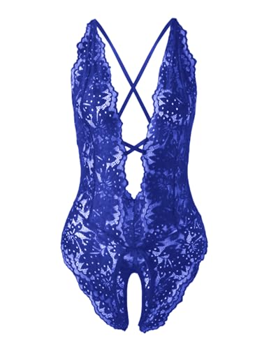 Image of SOLY HUX Women's One Piece Lingerie Sexy Lace Babydoll Deep V Teddy Criss Cross Backless Teddy Mini Bodysuit